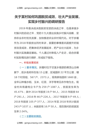 关于某村如何巩固脱贫成效，壮大产业 发展，实现乡村振兴的调研报告