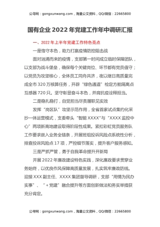 国有企业2022年党建工作年中调研汇报