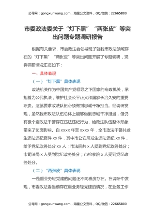 市委政法委关于“灯下黑”“两张皮”等突出问题专题调研报告 (2)