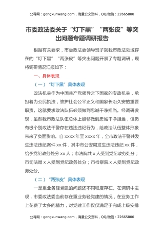 市委政法委关于“灯下黑”“两张皮”等突出问题专题调研报告2