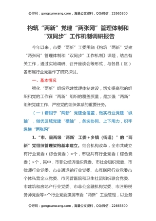 构筑“两新”党建“两张网”管理体制和“双同步”工作机制调研报告