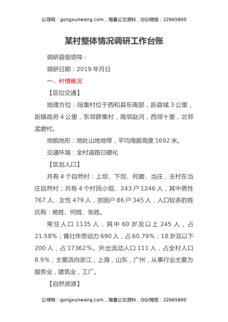 某村整体情况调研工作台账