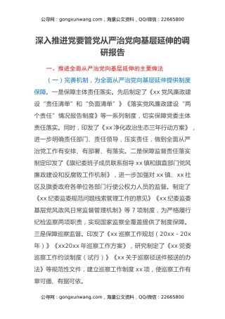 深入推进党要管党从严治党向基层延伸的调研报告
