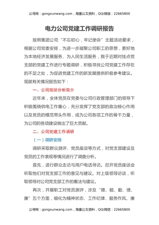 电力公司党建工作调研报告