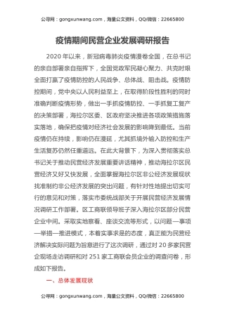 疫情期间民营企业发展调研报告