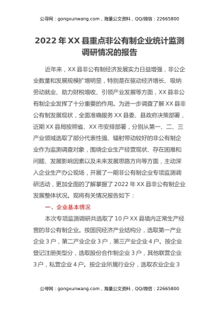 2022年XX县重点非公有制企业统计监测调研情况的报告