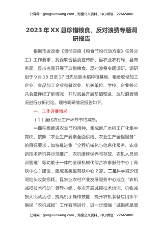 2023年XX县珍惜粮食、反对浪费专题调研报告