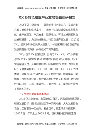 XX乡特色农业产业发展专题调研报告