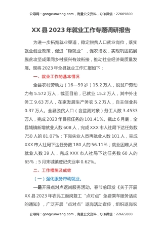 XX县2023年就业工作专题调研报告
