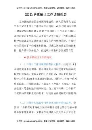 XX县乡镇统计工作调研报告
