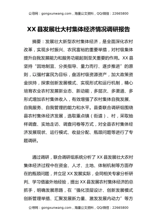 XX县发展壮大村集体经济情况调研报告