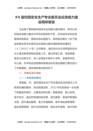 XX县校园安全生产专业委员会应急能力建设调研报告