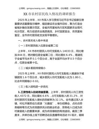 XX市农村居民收入情况的调研报告