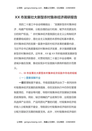 XX市发展壮大新型农村集体经济调研报告