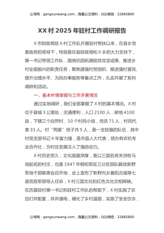 XX村2025年驻村工作调研报告
