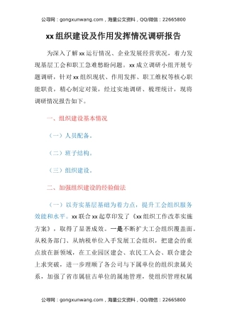 xx组织建设及作用发挥情况调研报告