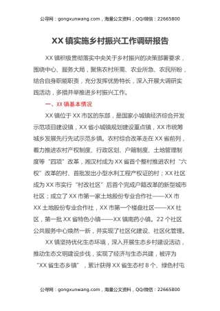 XX镇实施乡村振兴工作调研报告