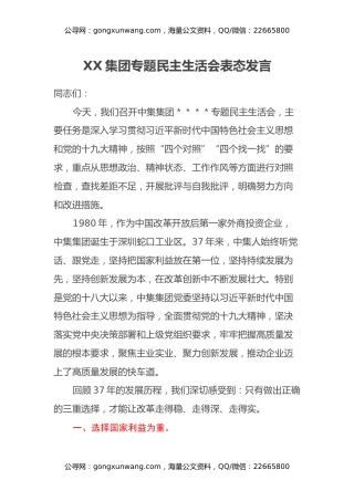 XX集团专题民主生活会表态发言