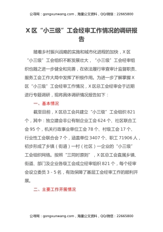 X区“小三级”工会经审工作情况的调研报告