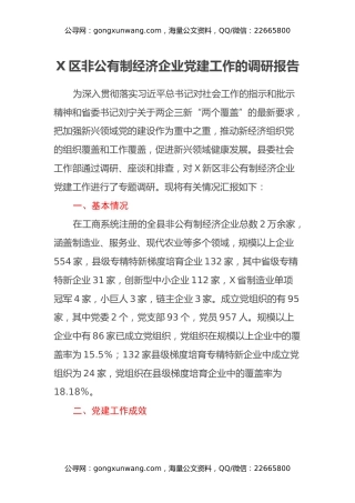 X区非公有制经济企业党建工作的调研报告