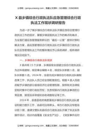 X县乡镇综合行政执法队应急管理综合行政执法工作现状调研报告