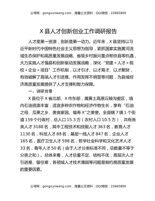 X县人才创新创业工作调研报告