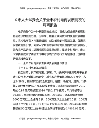 X市人大常委会关于全市农村电商发展情况的调研报告
