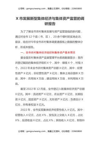 X市发展新型集体经济与集体资产监管的调研报告
