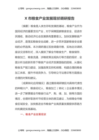 X市粮食产业发展现状调研报告