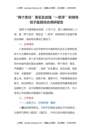 “两个责任”落实及加强“一把手”和领导班子监督综合调研报告