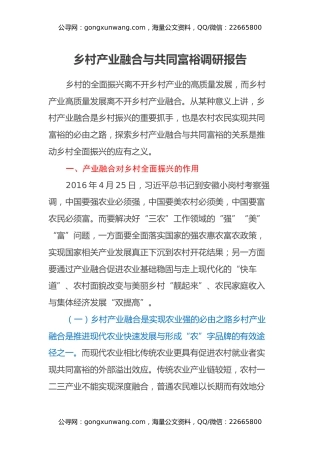 乡村产业融合与共同富裕调研报告