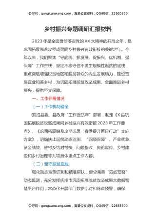 乡村振兴专题调研汇报材料