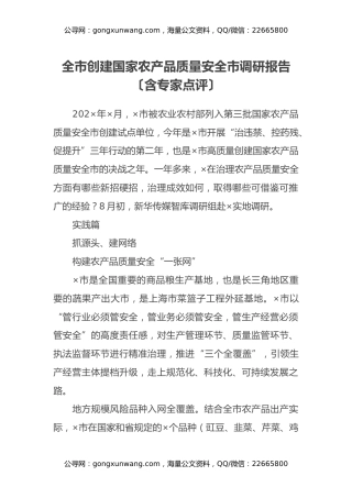 全市创建国家农产品质量安全市调研报告【含专家点评】