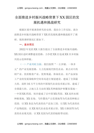 全面推进乡村振兴战略背景下XX园区的发展机遇和挑战研究