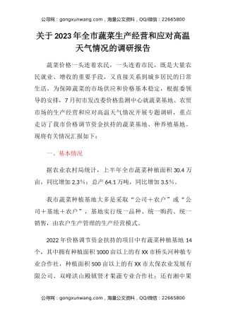 关于2023年全市蔬菜生产经营和应对高温天气情况的调研报告