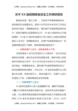关于XX县保障粮食安全工作调研报告
