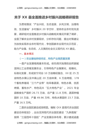 关于XX县全面推进乡村振兴战略调研报告