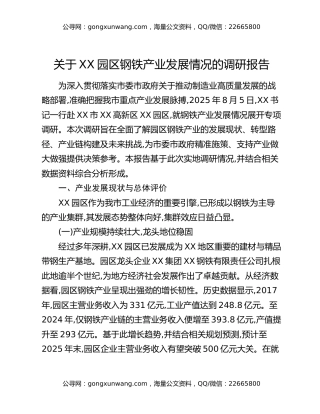 关于XX园区钢铁产业发展情况的调研报告