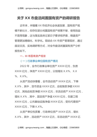 关于XX市盘活闲置国有资产的调研报告