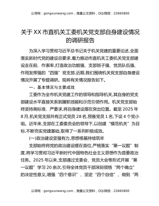 关于XX市直机关工委机关党支部自身建设情况的调研报告