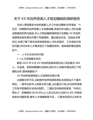 关于XX市自然资源人才规划编制的调研报告