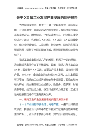 关于XX镇工业发展产业发展的调研报告