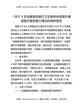 关于X区构建高效医疗卫生服务体系提升基层医疗服务能力情况的调研报告