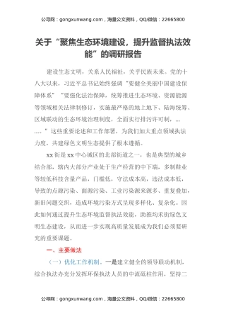 关于“聚焦生态环境建设，提升监督执法效能”的调研报告