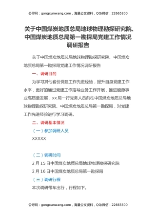 关于中国煤炭地质总局地球物理勘探研究院、中国煤炭地质总局第一勘探局党建工作情况调研报告