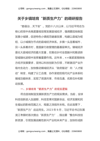 关于乡镇培育“新质生产力”的调研报告