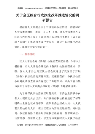 关于全区综合行政执法改革推进情况的调研报告