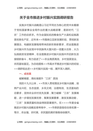 关于全市推进乡村振兴实践调研报告