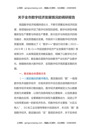 关于全市数字经济发展情况的调研报告