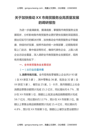 关于加快推动XX市商贸服务业高质量发展的调研报告